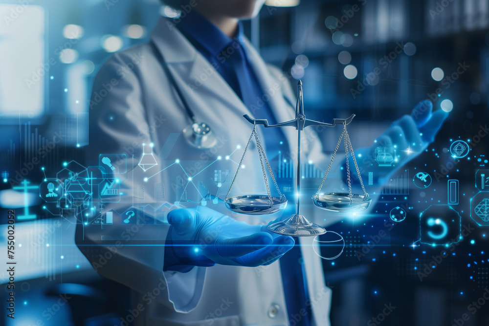 A doctor in a white coat and blue gloves holding a justice scale, using a holographic interface with medical icons floating around.  - obrazy, fototapety, plakaty 