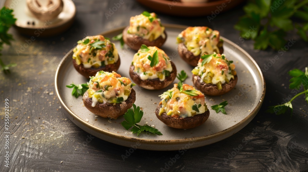 Exquisitely prepared stuffed mushrooms with a garleek and cheese filling, garnished with parsley on a speckled plate, showcasing a perfect blend of rustic charm and culinary sophistication.