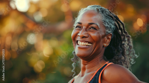 Professional Portrait of an active black African American mature woman smiling and doing fitness pilates outside in nature