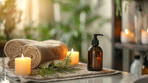 Inviting spa scene with rolled towels, a pump bottle, and lit candles, surrounded by lush greenery for a peaceful wellness experience. © Rattanathip