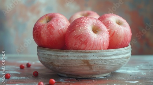 a close up of a bowl of apples with drops of water on the top of the apples and on the bottom of the bowl. photo