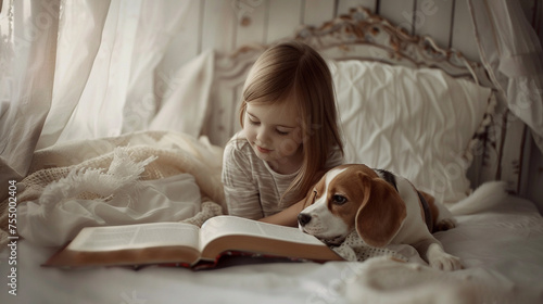 Cute little girl with beagle dog reading book in bed at home. AI.