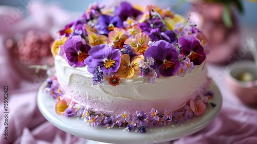A delightful cake festooned with a plethora of edible pansy flowers, set against a pastel pink backdrop for a springtime celebration.