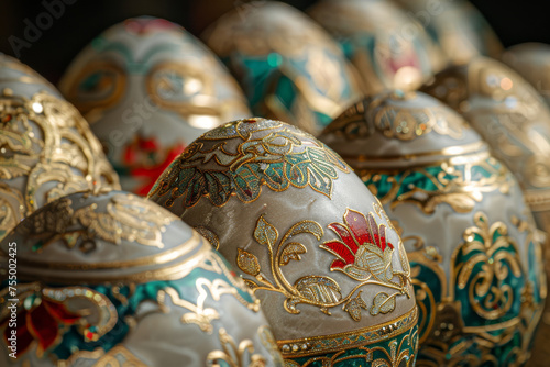Exquisite black Easter eggs adorned with intricate golden patterns and textures on a dark backdrop..