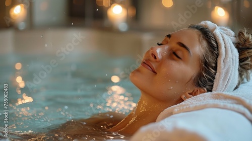 A woman in a tranquil state enjoys a luxurious spa bath, with candles providing a soft and warm ambient light.