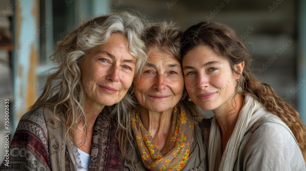Captured in soft natural light, three generations of women grandmother, mother, and daughter share a close and loving embrace. Captured in soft natural light, three generations of women grandmother, mother, and daughter share a close and loving embrace.