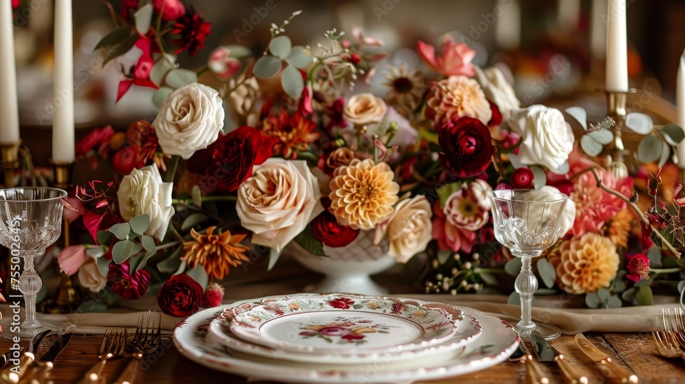 A beautifully curated table setting featuring an opulent floral centerpiece, vintage china, and crystal glassware, ready for a festive occasion.