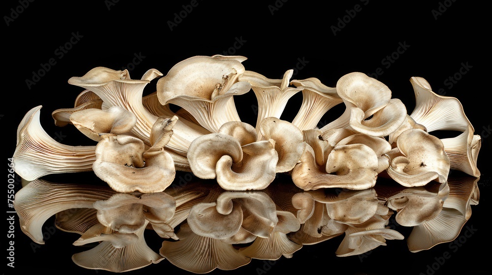 a close up of a group of flowers on a black surface with a reflection of the flowers in the water. a close up of a group of flowers on a black surface with a reflection of the flowers in the water.