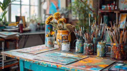 A lively artist's studio filled with splashes of paint, a diverse collection of brushes, and blooming flowers, all bathed in natural light.