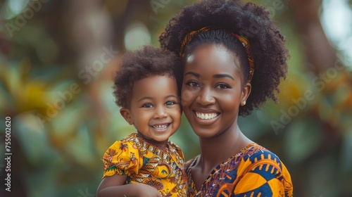 A radiant mother and her cheerful child are captured in a heartwarming smile, clad in vibrant traditional attire, against a backdrop of soft-focus greenery.
