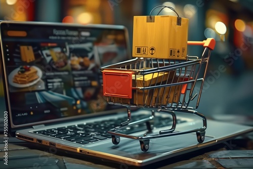 Small cart full of packages on a laptop shows connection between digital commerce and physical delivery at home. Online shopping concept.