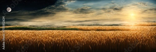Beautiful landscape of a wheat field. Day and night. Moon and sun in one picture. Panorama of changing time of day. Night sky. Bright sun on a blue sky.Wide field of wheat. © derplan13