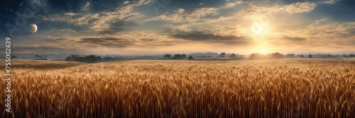 Beautiful landscape of a wheat field. Day and night. Moon and sun in one picture. Panorama of changing time of day. Night sky. Bright sun on a blue sky.Wide field of wheat.