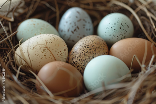 Close-up of speckled Easter eggs in a warm, sunlit nest, evoking the cozy essence of spring..