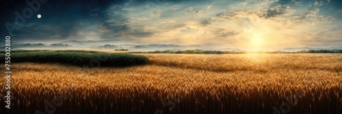 Beautiful landscape of a wheat field. Day and night. Moon and sun in one picture. Panorama of changing time of day. Night sky. Bright sun on a blue sky.Wide field of wheat.