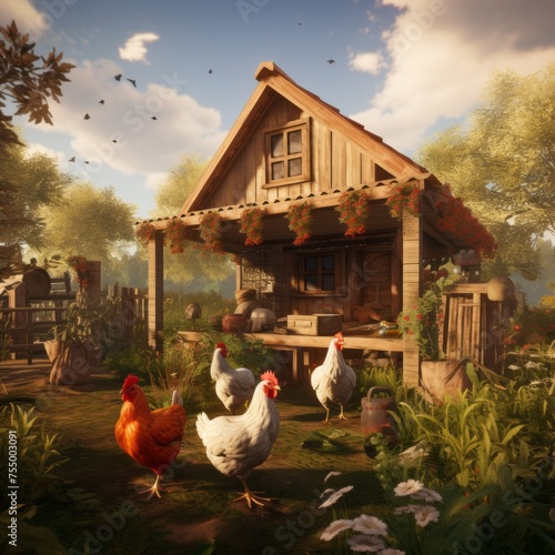Chicken coop with chickens and roosters in the backyard of a country house, poultry breeding in the village