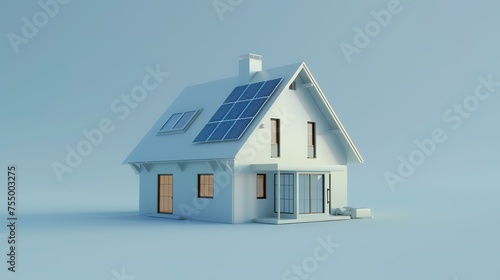 House with solar panels on blue background. 3D illustration. Copy space. © shameem