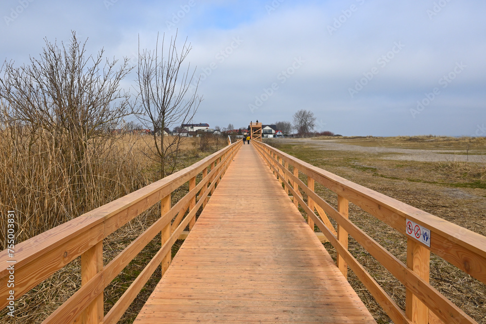 Fototapeta premium Educational path in Mechelinki Meadows Nature Reserve located in Rewa village. Poland