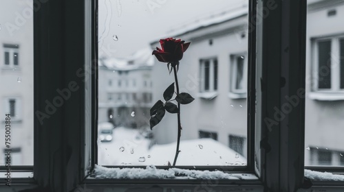 a single rose sitting on a window sill in front of a snow - covered window with a building in the background. photo