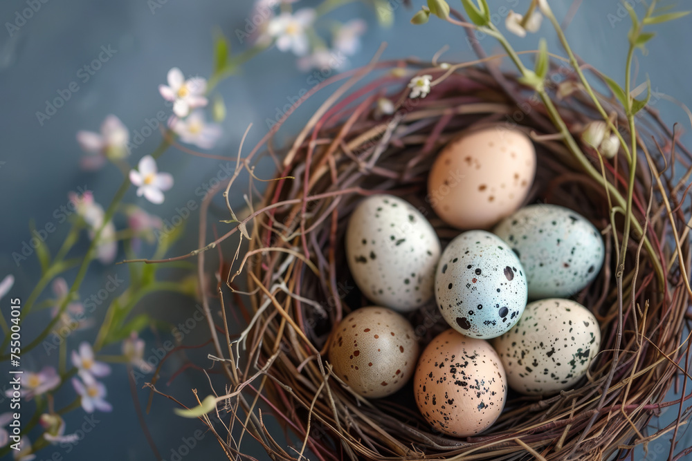 Close-up of speckled Easter eggs in a warm, sunlit nest, evoking the cozy essence of spring.. Close-up of speckled Easter eggs in a warm, sunlit nest, evoking the cozy essence of spring..