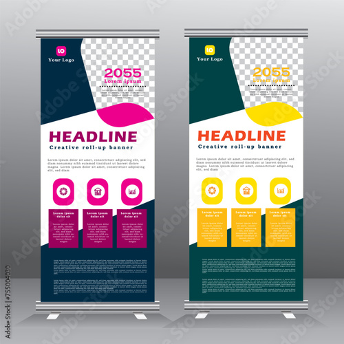 Roll up banner template with three sections, vertical banner template, vector, abstract geometric background, x-banner and flag-banner, pull up, standee banner with pink and yellow color