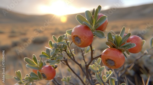 a close up of a small tree with fruit on it's branches with the sun shining in the background. photo