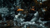 two black and white birds with orange beaks sitting on a rock in the middle of a stream of water.