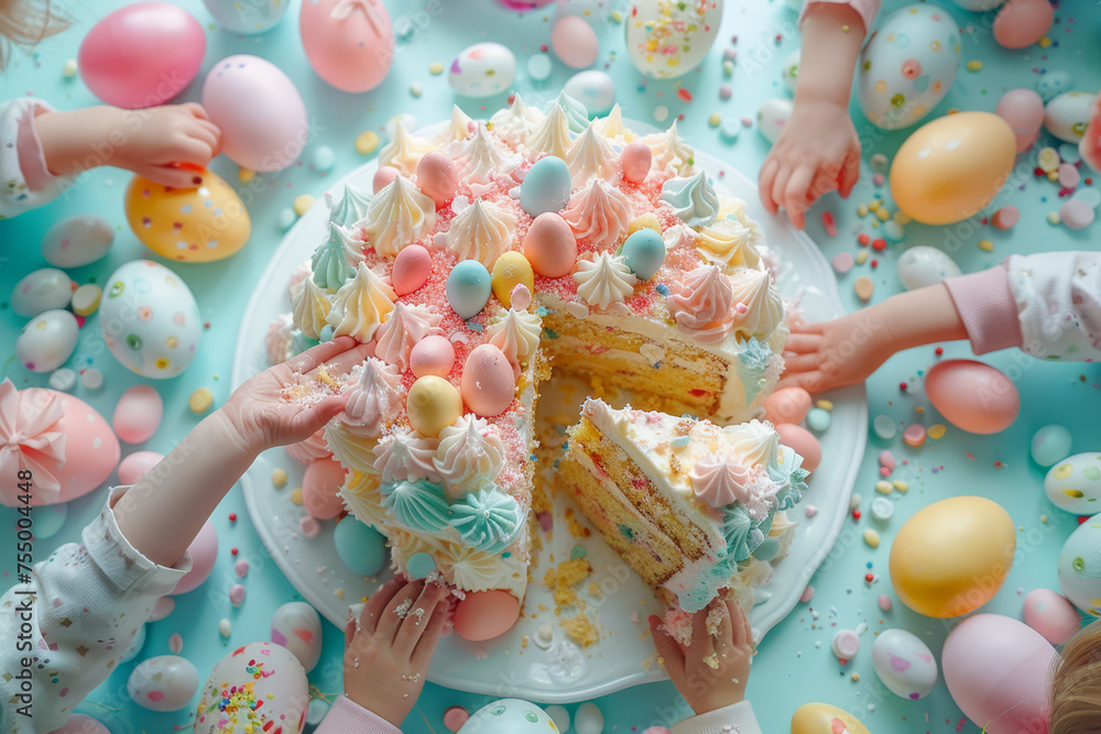 children's group delight in eating a colorful, multi-layered Easter cake during a festive celebration.