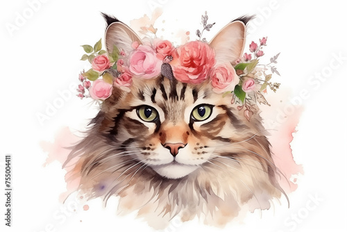 watercolor painting the portrait of cute Maine Coon cat, decorated with floral isolate on clean white background