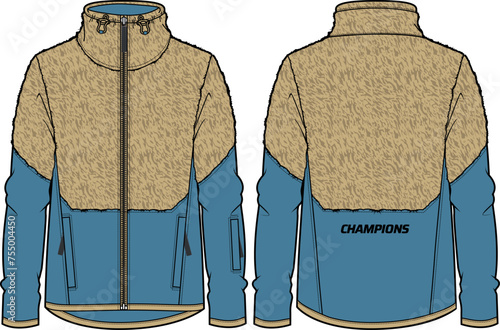 Fleece mix shell jacket design flat sketch Illustration,Fur jacket with Zipper front and back view, Anorak winter jacket for Men and women. for training, Running and workout in winter.