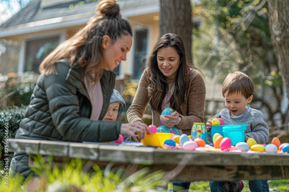 A young girl with a beaming smile collecting Easter eggs in a sunlit field during a family egg hunt. A young girl with a beaming smile collecting Easter eggs in a sunlit field during a family egg hunt.