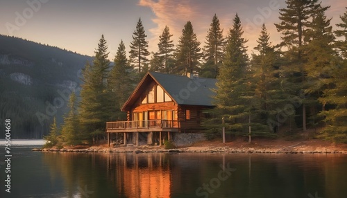 Create An Image Of A Serene Lakeside Cabin Nestled © Ayat