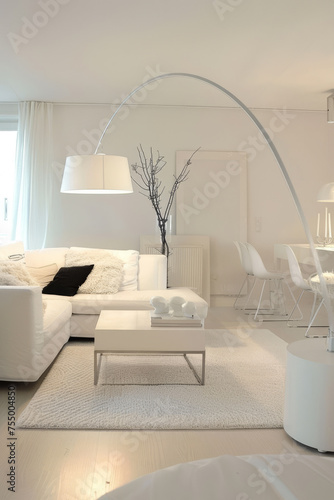Modern living room interior in white with minimal furniture