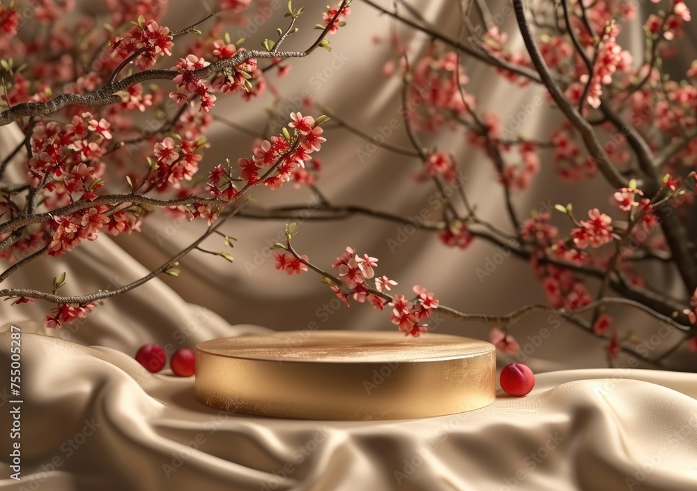 empty 3D cylinder pedestal display scene Japanese, Background full of plum and cherry blossom, Golden display podium on silk empty 3D cylinder pedestal display scene Japanese, Background full of plum and cherry blossom, Golden display podium on silk