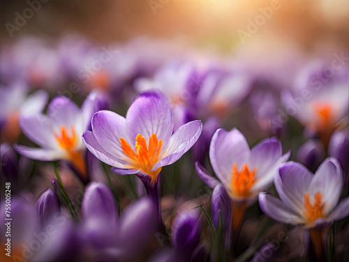 Purple Crocus Flowers in Spring Easter Background