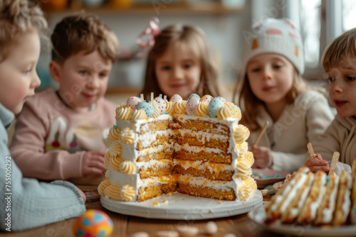 children s group delight in eating a colorful  multi-layered Easter cake during a festive celebration.