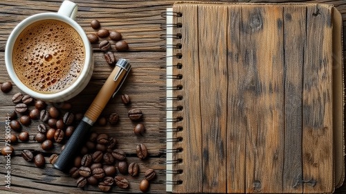 a cup of coffee next to a notebook with a pen on top of it and coffee beans scattered around it. photo