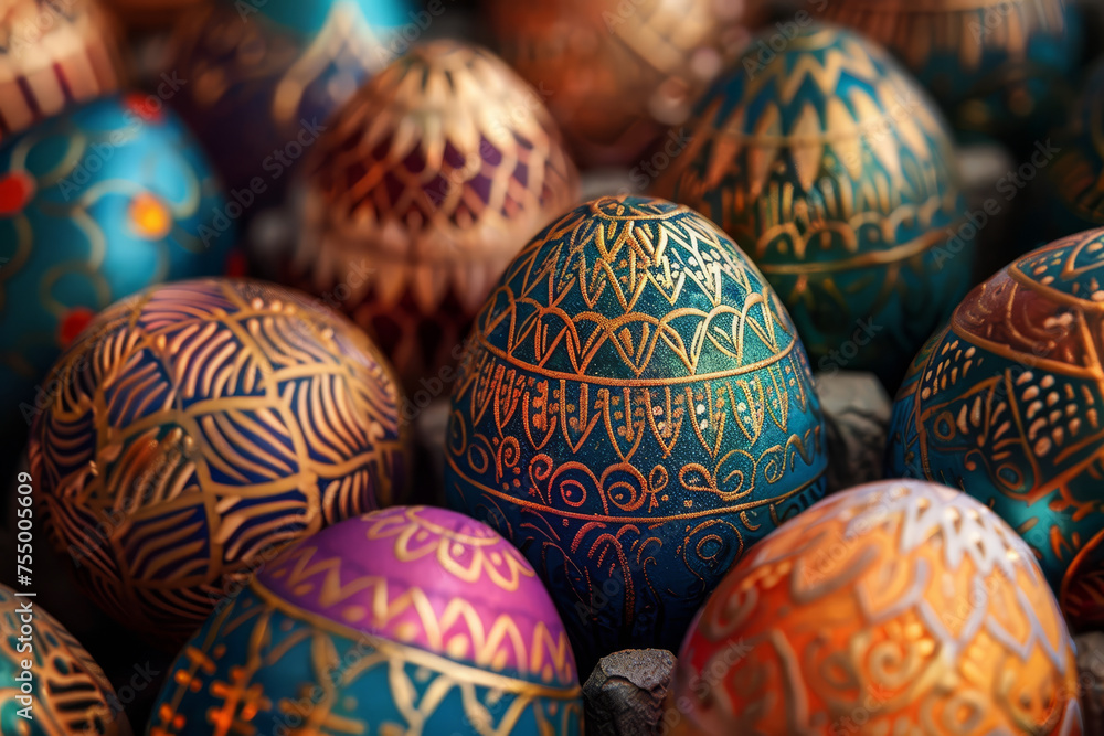 Exquisite collection of ornate Easter eggs with intricate designs displayed on brass stands.. Exquisite collection of ornate Easter eggs with intricate designs displayed on brass stands..