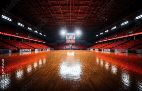  basketball hall with empty stands, dark basketball court, basketball stadium. © peacehunter