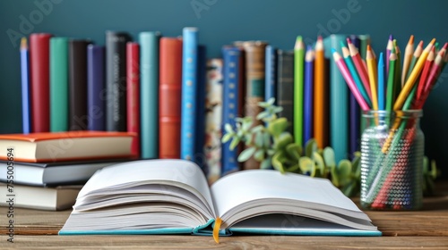 an open book sitting on top of a wooden table next to a vase filled with colorful pencils and a stack of books. photo