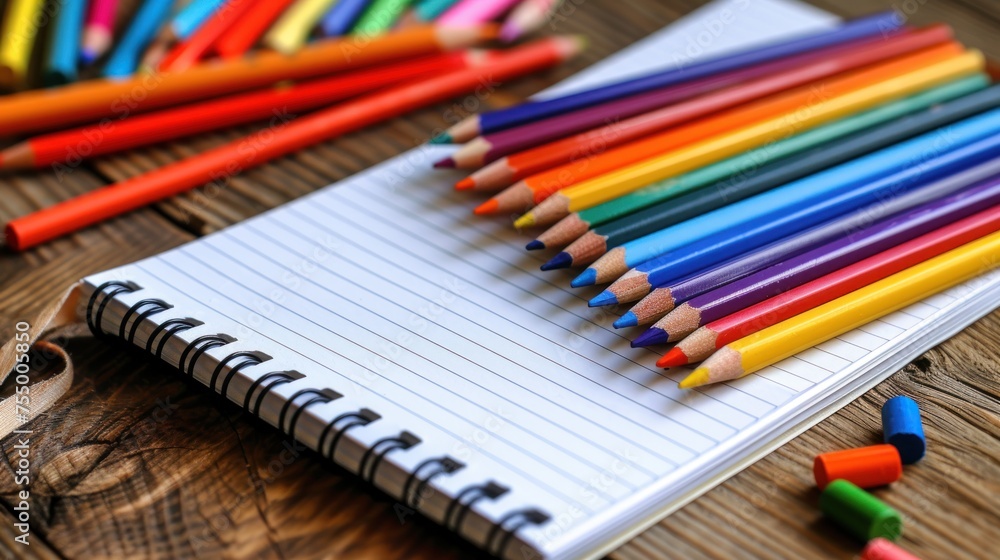 Fototapeta premium a pile of colored pencils sitting on top of a wooden table next to a pile of colored pencils.