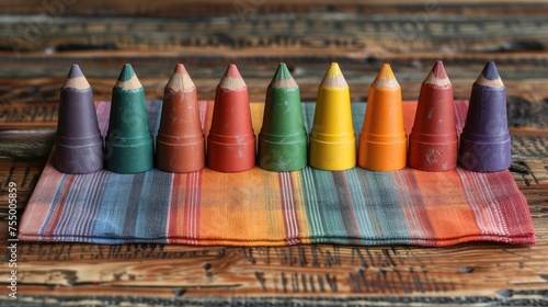a row of colored crayons sitting on top of a towel on top of a wooden table next to another row of colored crayons.