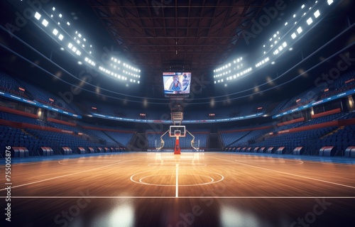  basketball hall with empty stands, dark basketball court, basketball stadium. © peacehunter