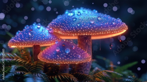 a group of blue mushrooms sitting on top of a forest filled with lots of green plants and small white dots on the tops of them.