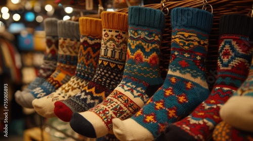 a row of colorful socks hanging on a rack in front of a display of other colorful socks in a store.