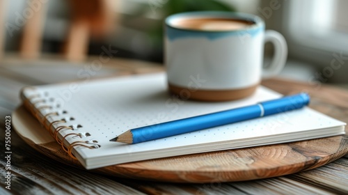 a cup of coffee sitting on top of a wooden table next to a notebook with a blue pen on top of it.