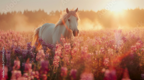 Beautiful horse running in summer field, sunrise light