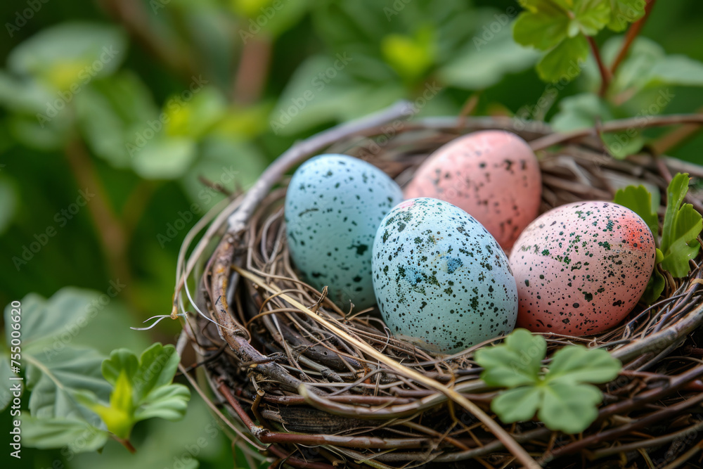 Close-up of speckled Easter eggs in a warm, sunlit nest, evoking the cozy essence of spring.. Close-up of speckled Easter eggs in a warm, sunlit nest, evoking the cozy essence of spring..