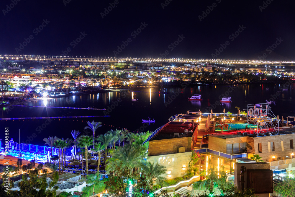 Fototapeta premium View of Naama Bay in Sharm El Sheikh, Egypt at night. View from above