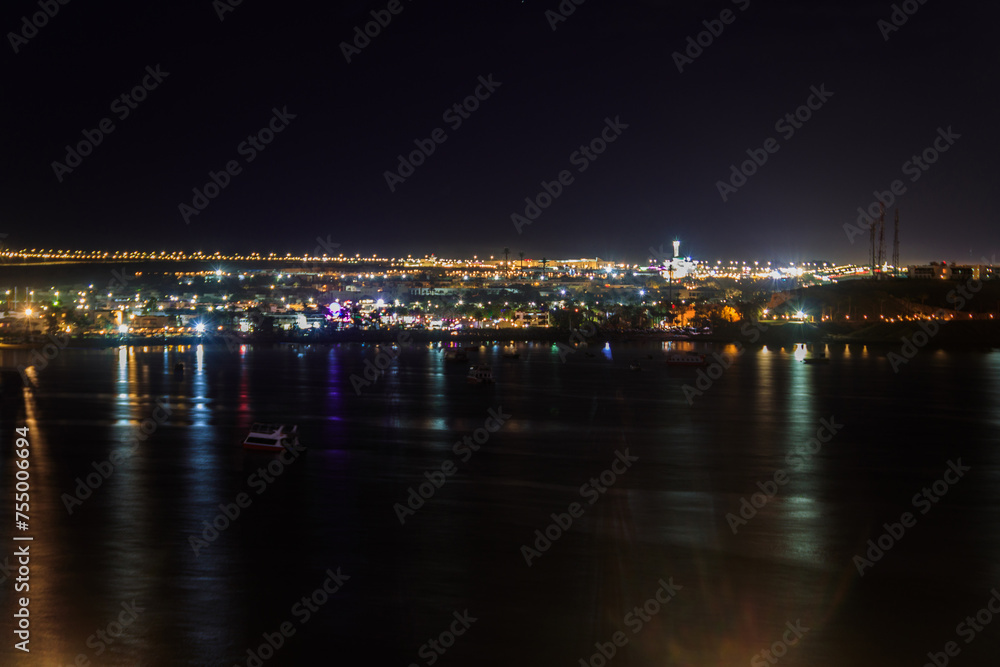 View of Naama Bay in Sharm El Sheikh, Egypt at night. View from above